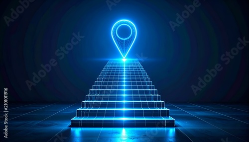 Glowing blue digital stairs ascending to a location pin in a dark futuristic grid room. Symbolizes career growth, finding the right path, reaching business goals, and navigation tech.