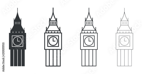 Big ben clock tower silhouettes in varying line weights on a transparent setting