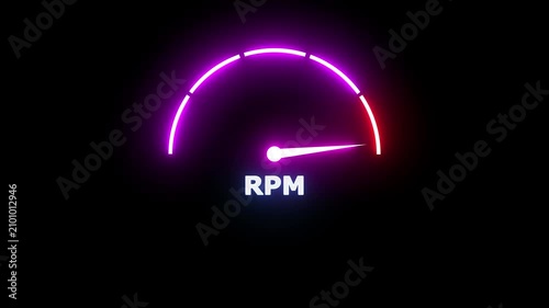 Neon glowing gauge showing rpm measurement on a dark background with vibrant purple and red light effects for automotive engine speed monitoring