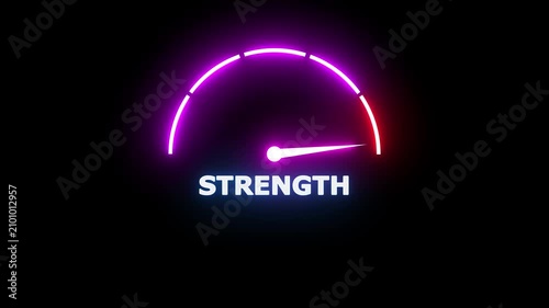 Glowing neon strength gauge indicator with a bright purple and red arc showing a needle pointing towards the left side on a solid black background