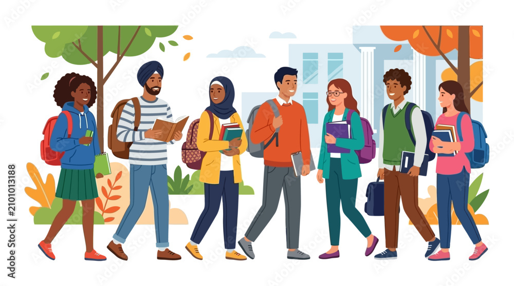 Obraz premium Diverse group of students walking on university campus