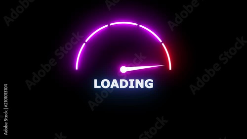 Neon glowing loading gauge meter with a white needle pointing to the left side against a solid black background for industrial monitoring concepts