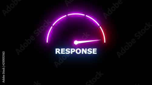 Neon glowing speedometer gauge with a bright purple and red arc indicator pointing to the word response on a solid black background