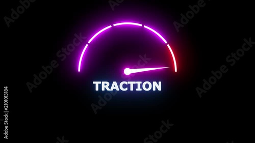 Bright neon speedometer gauge with a purple and red arc indicator pointing to the word traction on a solid black background