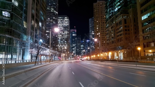 Empty city street illuminated by streetlights, flanked by tall skyscrapers at night, under a dark sky