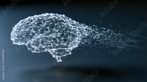 Blue wireframe human brain dissolving into digital fragments