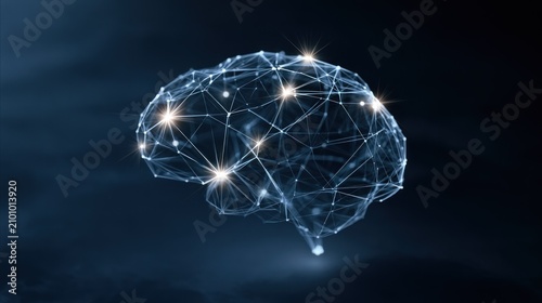 Blue wireframe digital brain with light nodes.