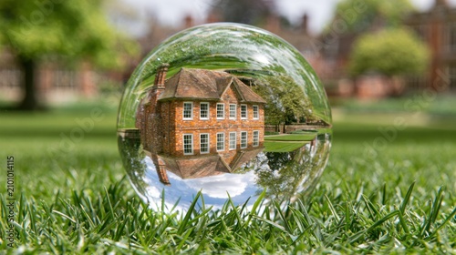 Brick building reflected in a glass crystal ball.
