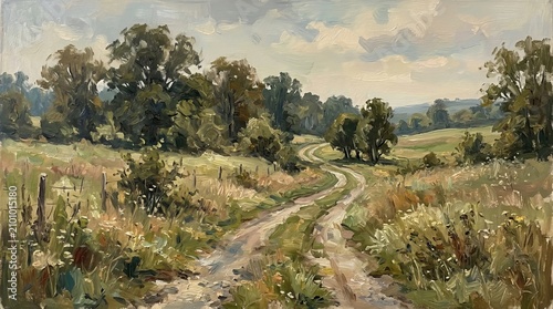 Oil Painting of Winding Dirt Road Through Meadow