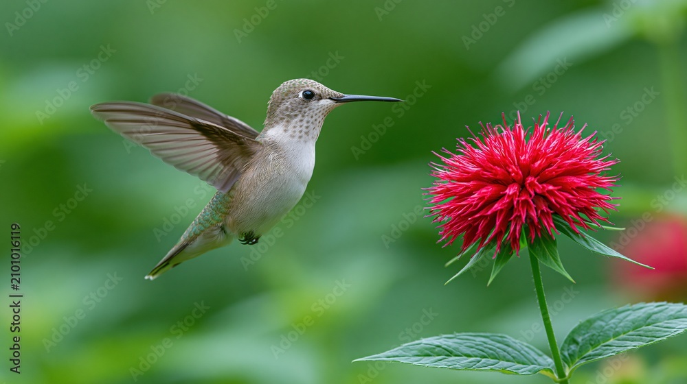 Fototapeta premium Female hummingbird hovering near vibrant red flower in lush green garden, capturing a moment of nature's beauty and delicate motion