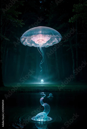 Magical Glowing Jellyfish in Dark Forest
