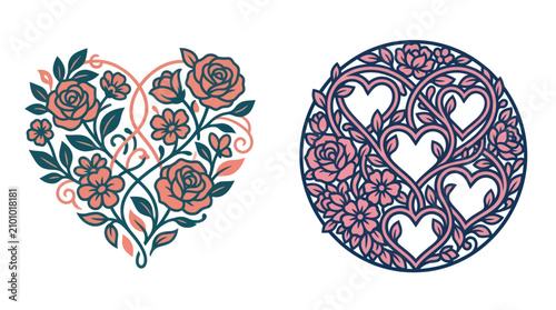 Hearts and roses decorative design elements.