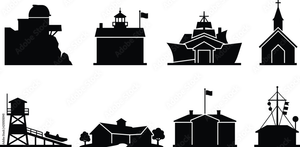 Obraz premium Landmark Building Silhouette Collection with Lighthouse Church Harbor and Historic Architecture Vector Set