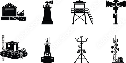 Foto Marine Navigation Equipment and Coastal Safety Structures Silhouette Vector Coll
