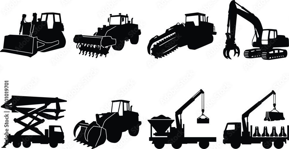 Obraz premium Heavy construction machinery silhouettes including bulldozer, excavator, dump truck, and industrial equipment