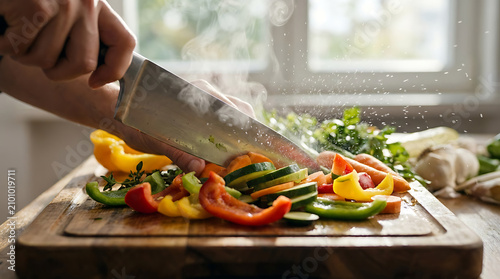 Slicing Freshness: A close-up shot captures a chef's hands skillfully chopping colorful bell peppers and zucchini on a rustic wooden cutting board, steam rising from the vibrant ingredients.