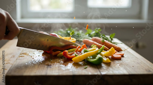 Chopping Fresh Vegetables: A close-up shot of a person's hands skillfully chopping colorful bell peppers and carrots on a wooden cutting board, with steam rising from the fresh ingredients.