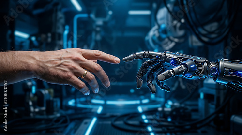 Human and Robot Touch: A human hand, adorned with a wedding ring, reaches out to touch the metallic finger of a futuristic robot.