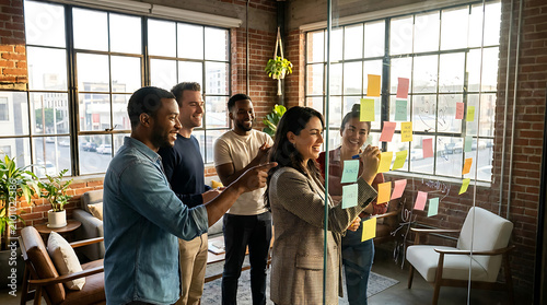 Brainstorming Session: A diverse group of colleagues collaborates enthusiastically around a glass wall covered in colorful sticky notes.