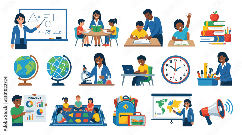 Fototapeta premium Education and School Flat Vector Illustration Set with Teachers, Students, Learning Activities, and Classroom Elements
