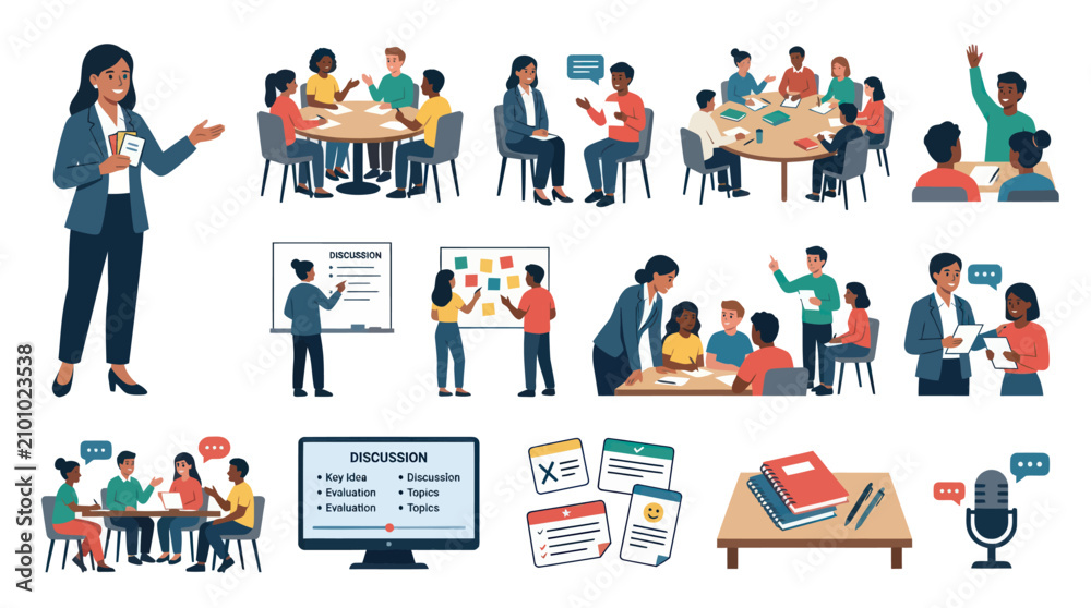 Fototapeta premium Flat Vector Illustration Set: Diverse People Learning, Discussing Teaching in Education and Business Meetings.