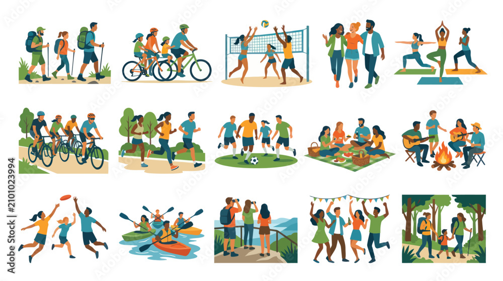 Naklejka premium Diverse People Enjoying Outdoor Activities and Sports, Flat Vector Illustration