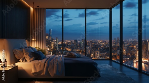 attic bedroom with glass walls offering views of the city lights at night, generative ai