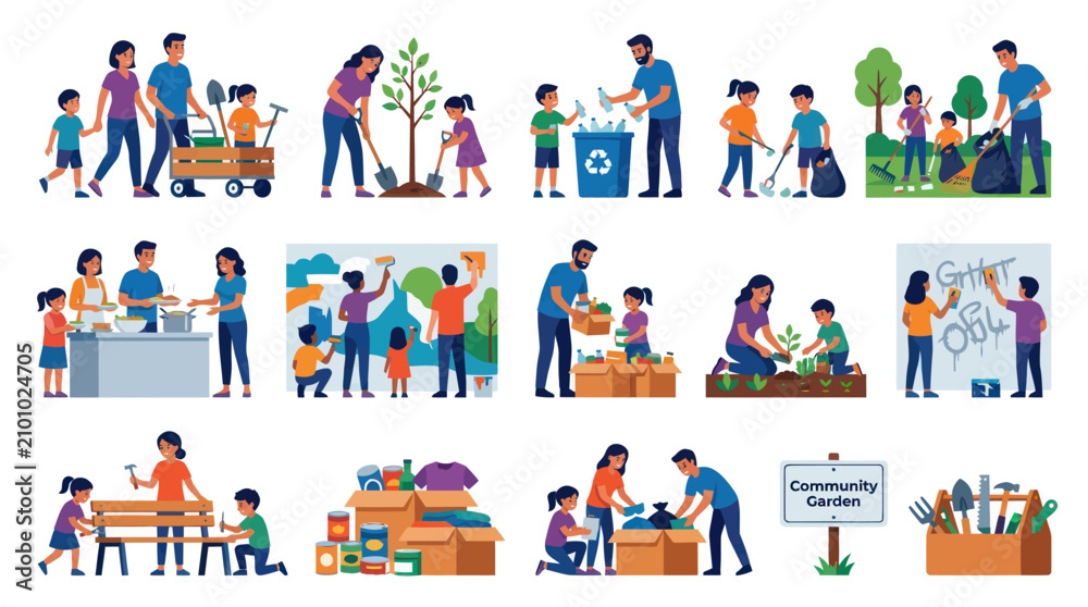 Fototapeta premium Flat Vector Illustrations of Community Volunteering and Social Work Activities