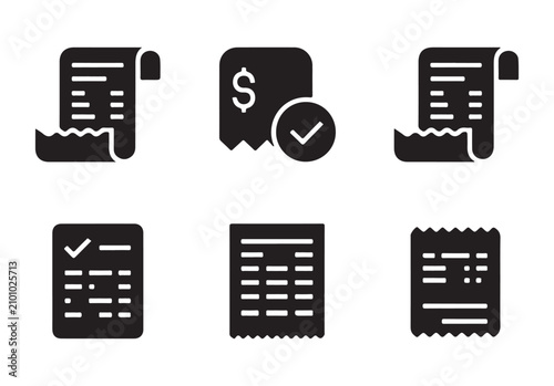 Quadro su tela Receipt and bill icon collection featuring paper documents with checkmarks and currency denominations