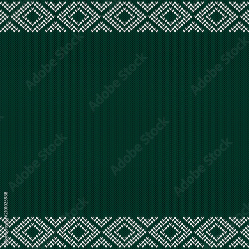 Christmas green ugly sweater knitted background with white ornament and copy space, square composition. Vector design. 