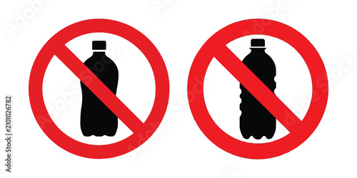 Fotografie No plastic bottles sign set with red prohibition circle and black container silhouette icon vector