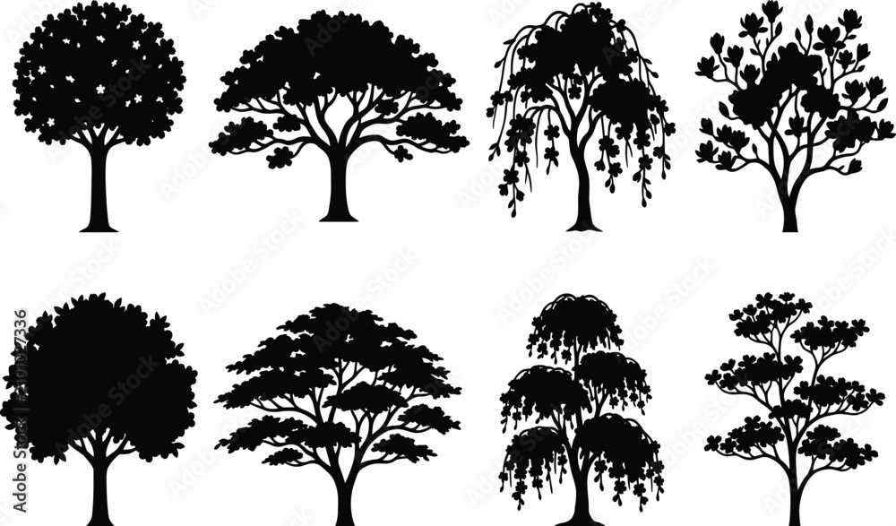 Fototapeta premium Ornamental Tree Silhouette Icon Set Collection with Flowering and Decorative Garden Trees