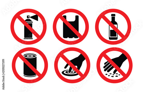 Konstfotografi Set of prohibition signs showing no spray can no plastic bag no alcohol no can no littering no touching