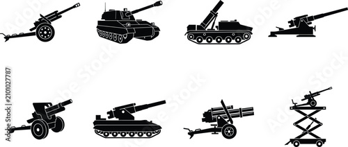 Foto Military artillery and armored vehicle silhouettes collection showing tanks, gun