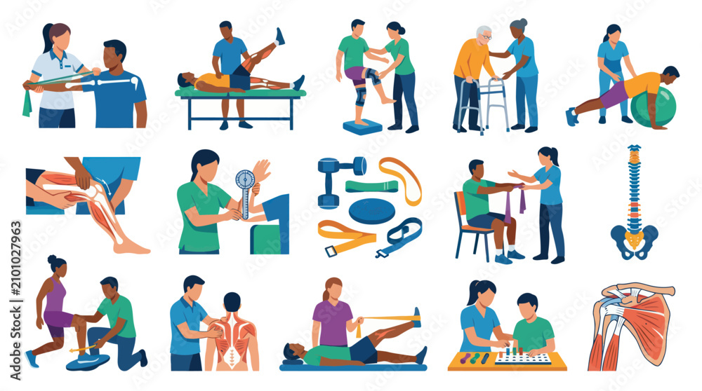 Fototapeta premium Physiotherapy Icons: Medical Treatment, Rehabilitation, and Exercise Flat Illustration
