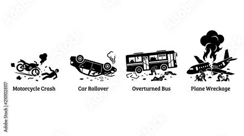 Transport vehicle accident and crash stick figure icons set.
