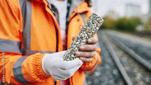 Construction worker in high-visibility jacket holds sample of ballast material for railway track maintenance