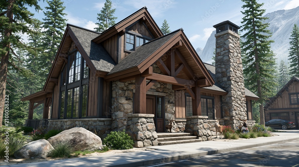Obraz premium Rustic Timber Frame Mountain Cabin with Stone Chimney Surrounded by Lush Forest and Majestic Peaks