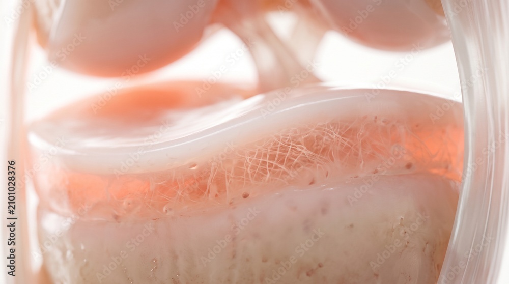 Fototapeta premium Microscopic view of human knee joint cartilage structure showing fibrous tissue and smooth articular surface detail