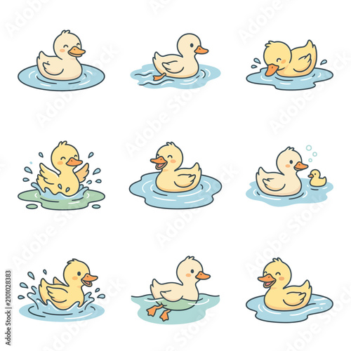 Cute cartoon duckling illustrations in various playful water poses