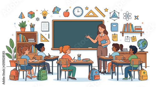 Diverse students in classroom with teacher and educational icons