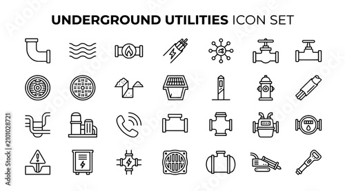 A comprehensive collection of line art icons representing underground utility infrastructure and construction.