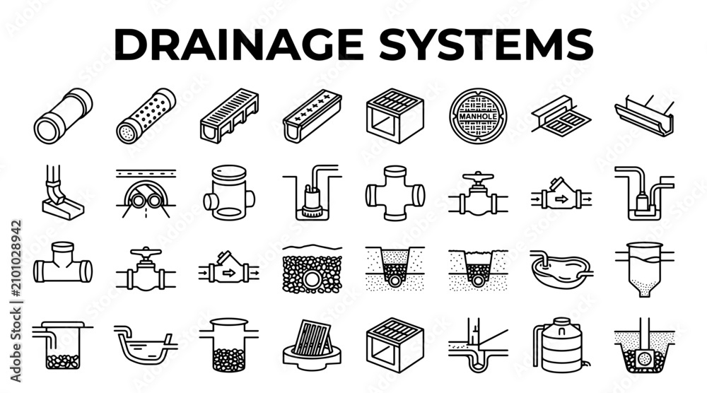 Fototapeta premium A comprehensive set of linear icons representing various drainage, plumbing, and water management infrastructure.