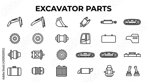 Bild auf Leinwand A comprehensive set of line art icons representing various mechanical components of a construction excavator