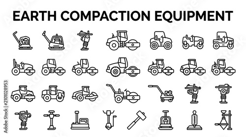 A collection of linear vector icons representing various heavy machinery for soil and road compaction.