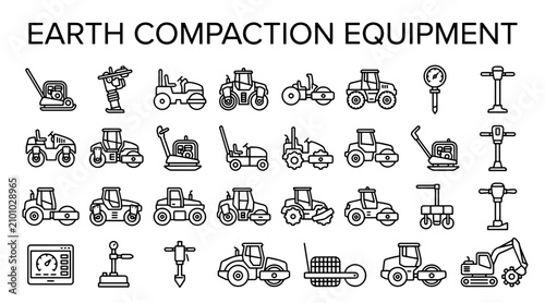 Schilderij op canvas A collection of line art icons representing various heavy construction machinery for soil and earth compaction