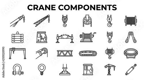 Photography A collection of linear vector icons representing various crane parts and heavy construction machinery components