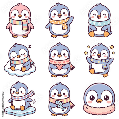 Cute cartoon penguins in various playful poses and outfits