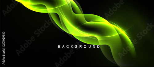 Abstract green flow, dynamic curves, dark background. Modern design element, ...
