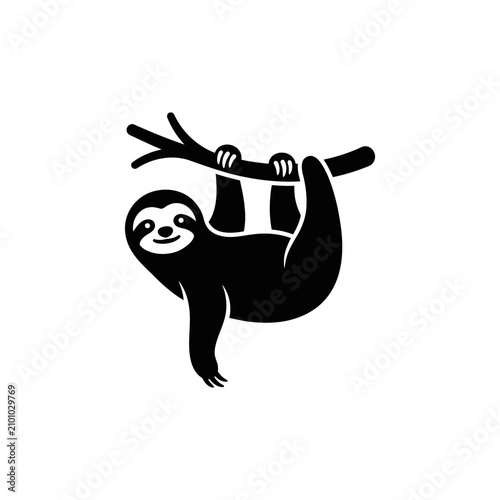 Cute cartoon sloth hanging on tree branch vector illustration minimalist style